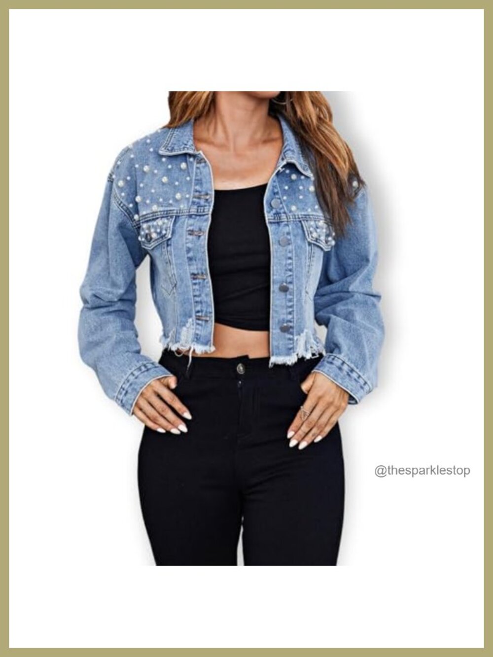 Women's Pearl Denim Jacket Cropped Distressed Shacket with Pearl Beading
